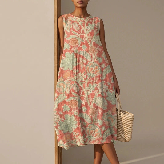 Sleeveless Dress With Premium Blend And Loose Fit — Midi With Pockets & Round Neck