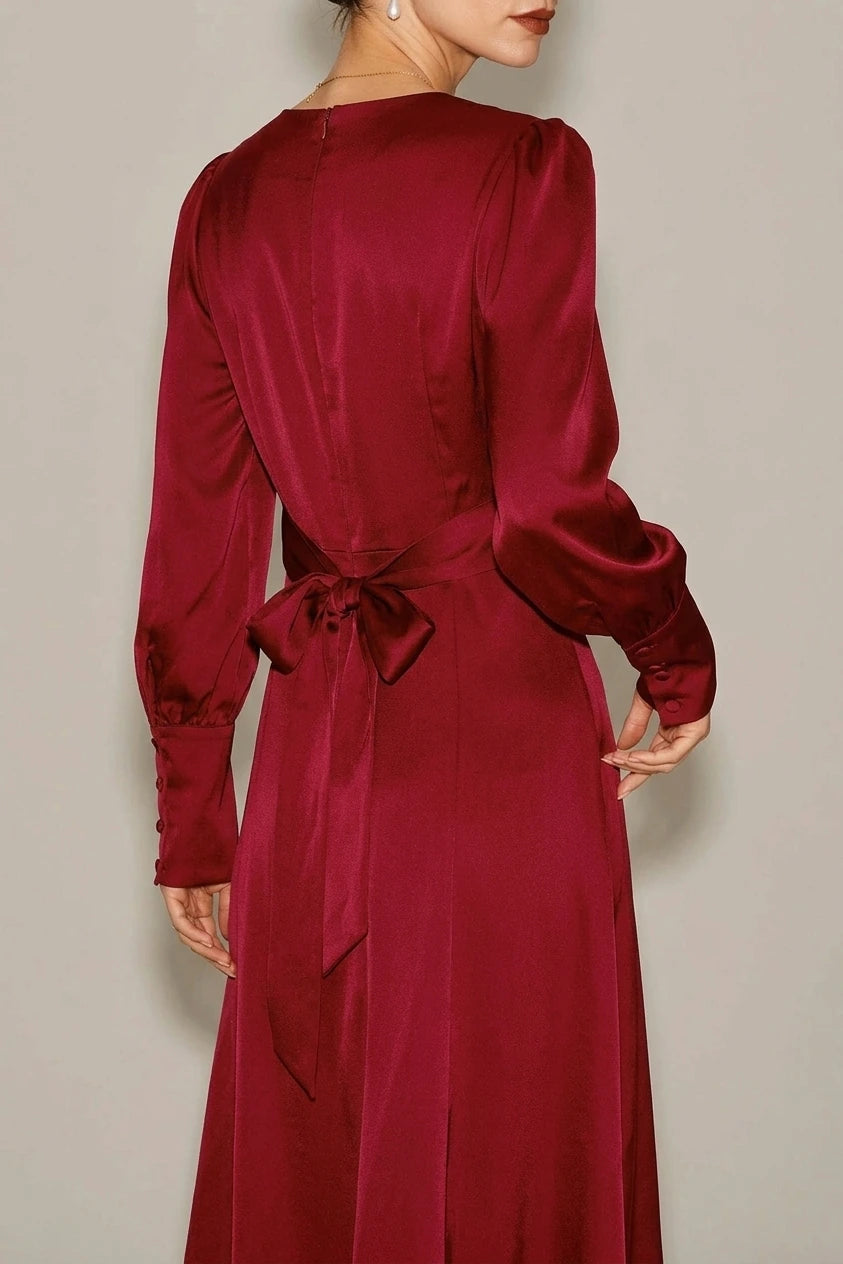 Wine Red Satin A-Line Midi Dress — variant_front