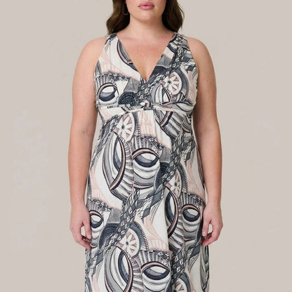 Abstract Print A-Line Maxi Dress V-Neck Sleeveless Empire Waist