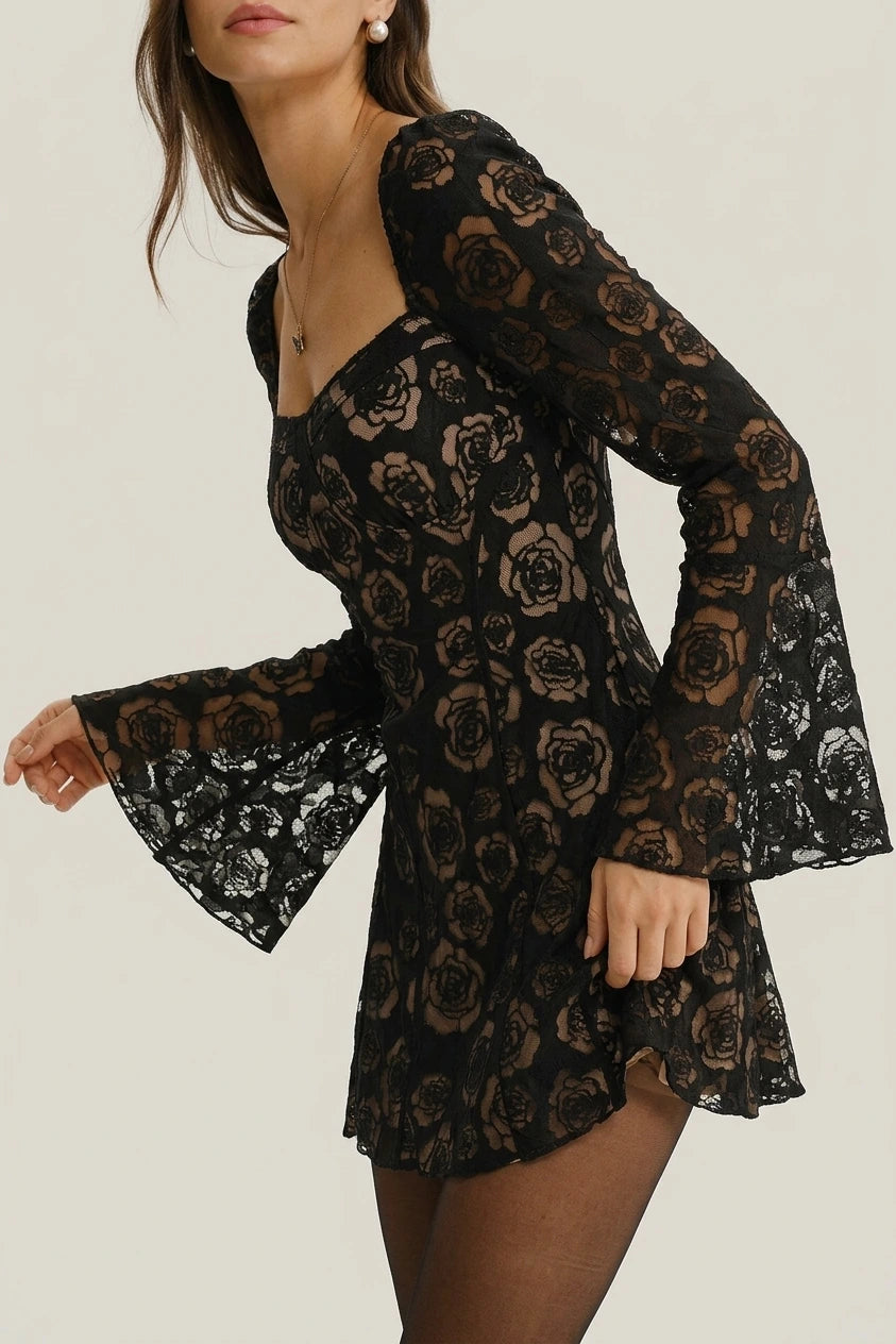 Black See Through Bell Sleeve Mini Dress — variant_front
