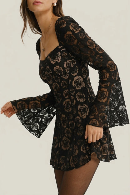 Black See Through Bell Sleeve Mini Dress — variant_front