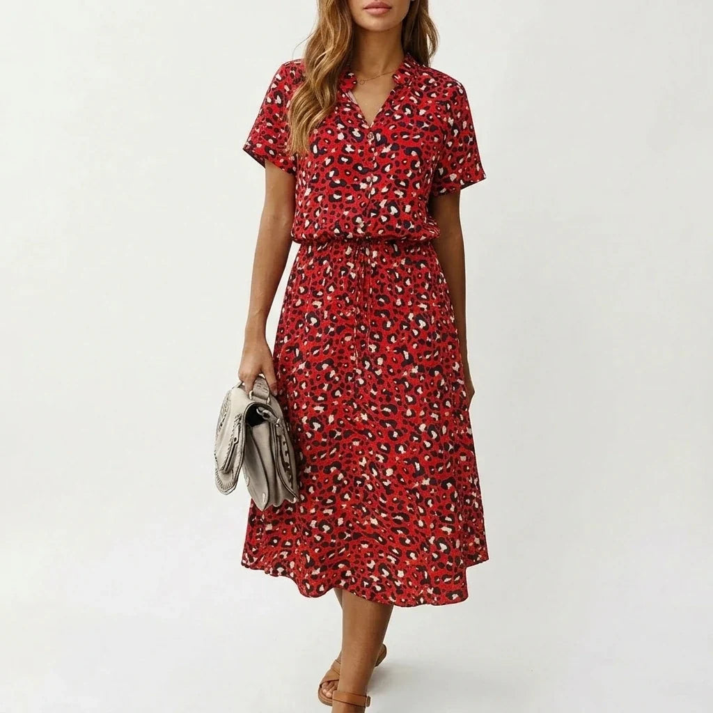 Women's Midi Dress with Button Front and Drawstring Waist — variant_front