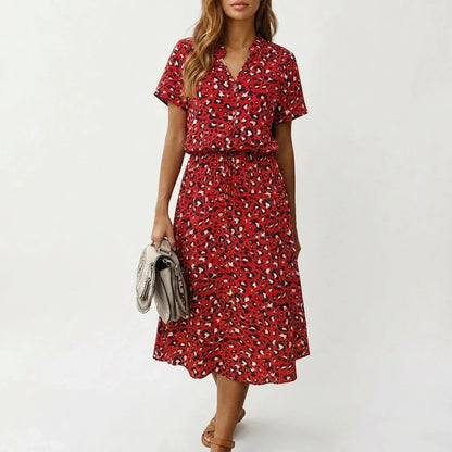 Women's Midi Dress with Button Front and Drawstring Waist — variant_front