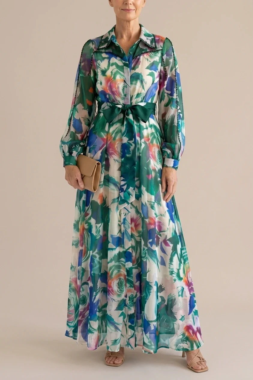Carolina | Long Sleeve Printed Belted Maxi Dress — variant_front
