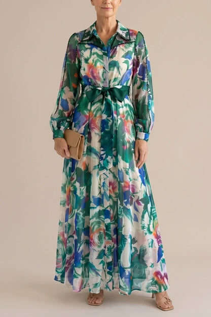 Carolina | Long Sleeve Printed Belted Maxi Dress — variant_front