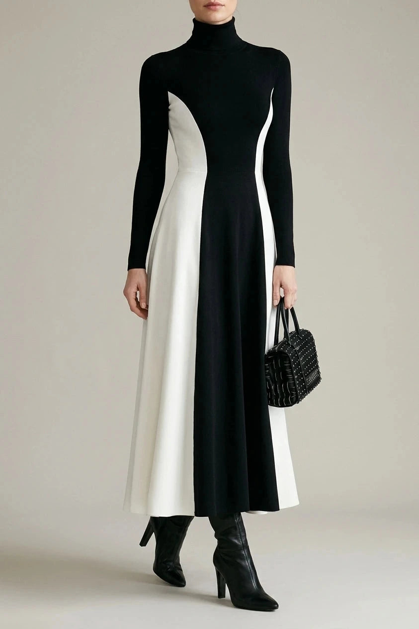 Sculpted Contrast Turtleneck Maxi Dress Fit-and-Flare Julia & Anne Dress Co