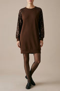 Sequin Sleeve Sweatshirt Dress with Crew Neck, Relaxed Fit
