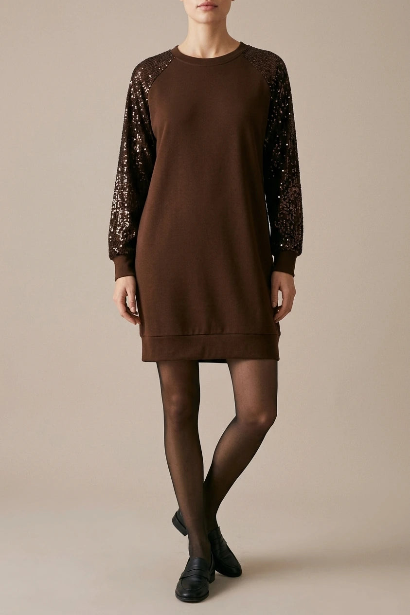 Women's Sequin Sleeve Sweatshirt Dress with Crew Neck — variant_front