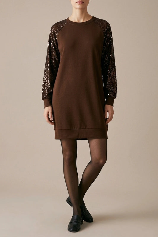 Women's Sequin Sleeve Sweatshirt Dress with Crew Neck — variant_front