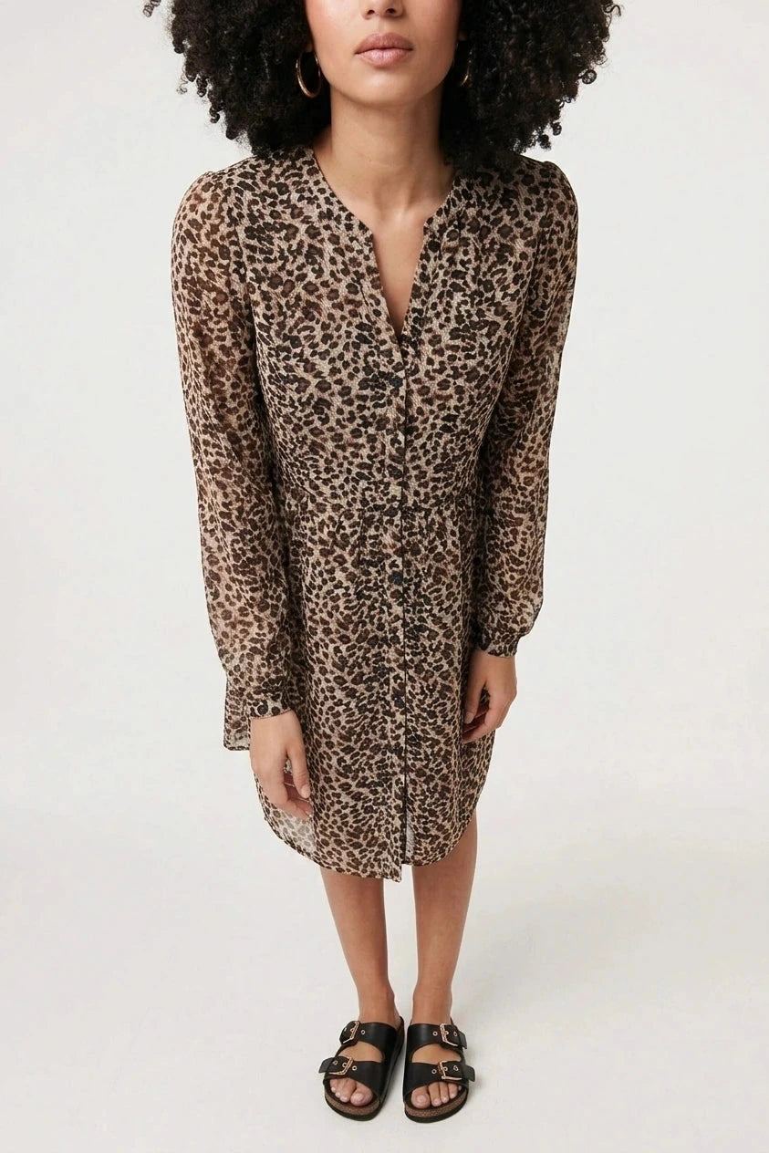 Animal Print Long Sleeve Short Dress V-Neck Button-Front Tiered Mini