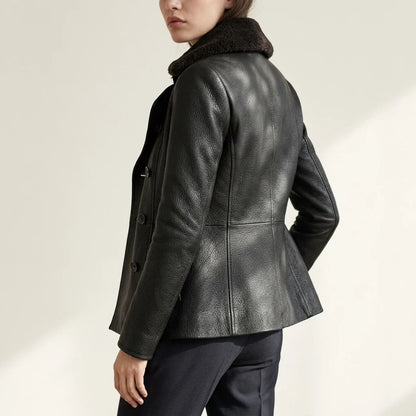 Black Leather Coat with Shearling Collar and Double Breasted Front — variant_front