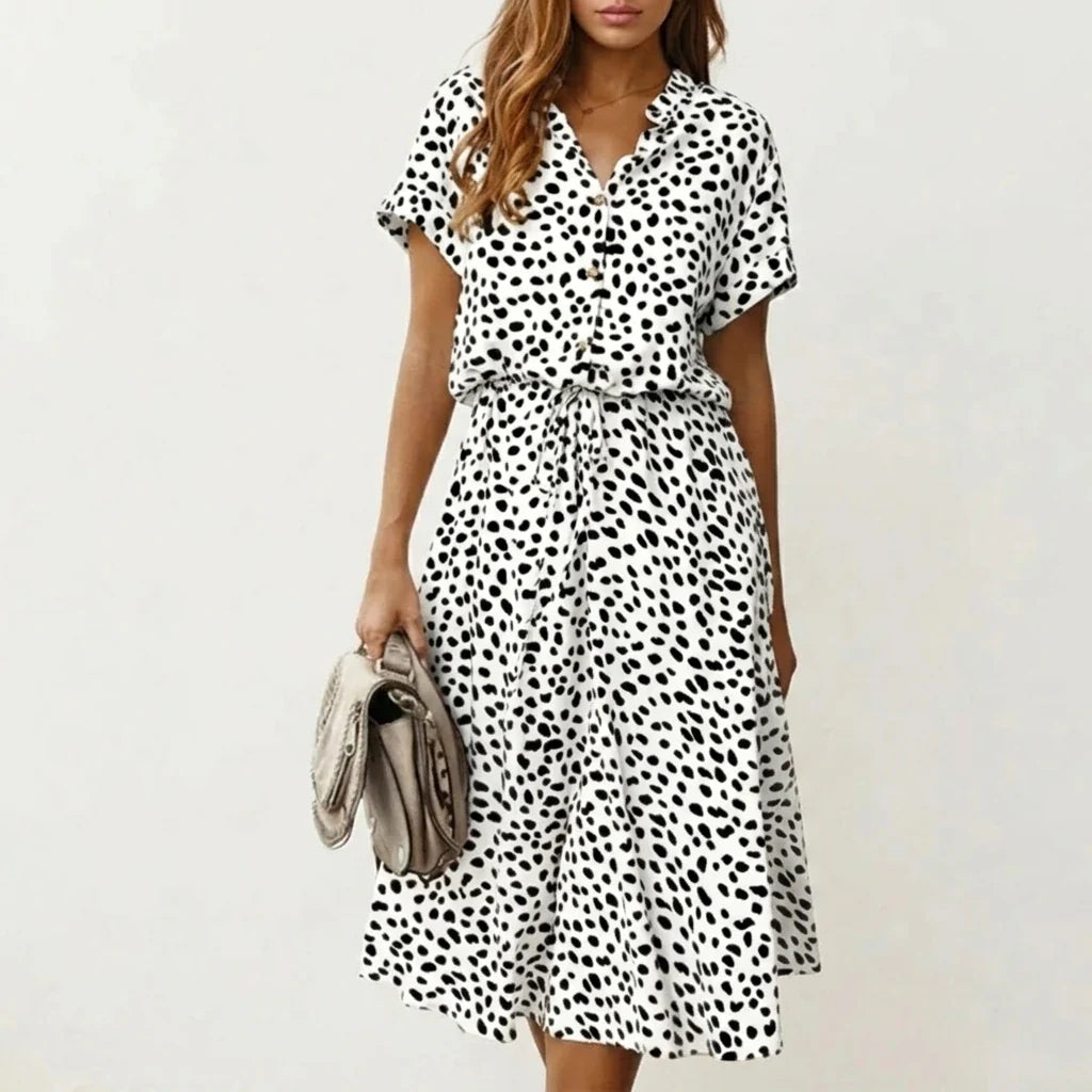 Women's Midi Dress with Button Front and Drawstring Waist — variant_front
