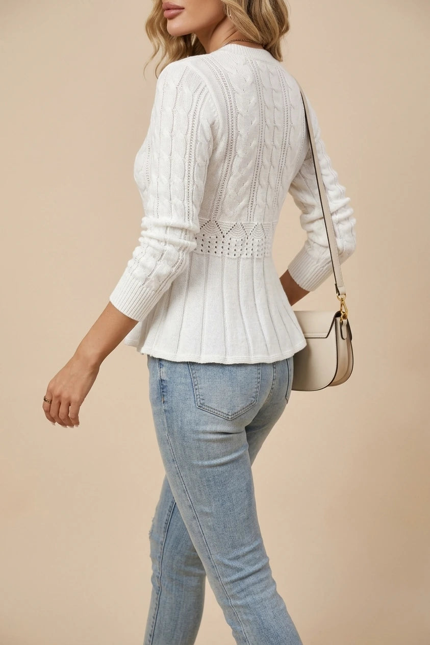 Cable Knit Sweater with Pointelle Waist Detail — variant_front