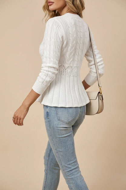 Cable Knit Sweater with Pointelle Waist Detail — variant_front