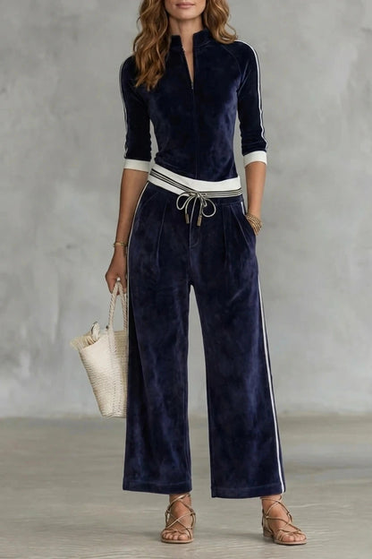 Luxe Velour Track Co-Ord Zip-Up Top And Wide-Leg Pants