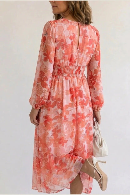 Printed Long Sleeve V-Neck Maxi Dress With Smocked Waist