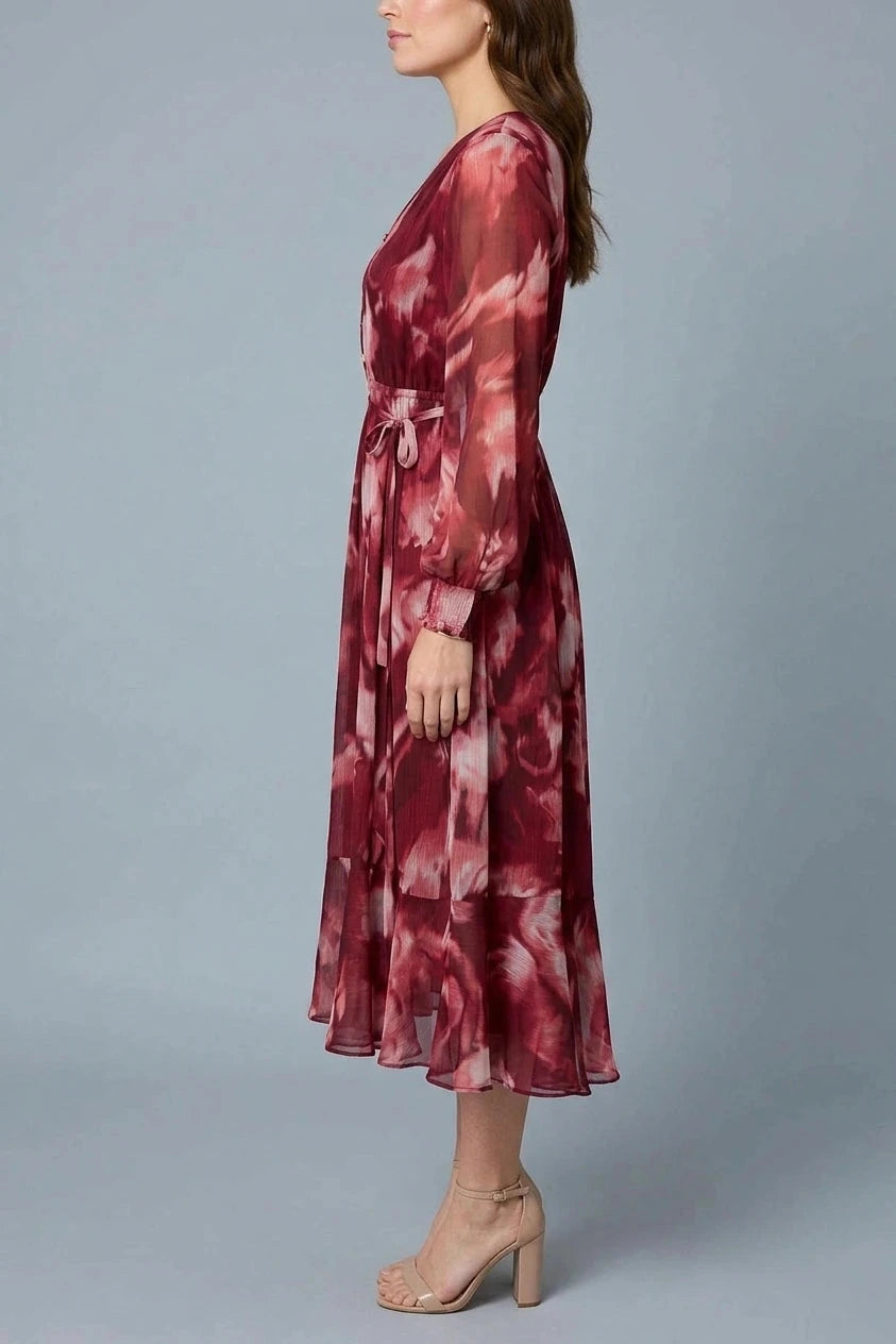 Abstract Floral Semi Sheer Midi Dress V-Neck Tie Waist Long Sleeves