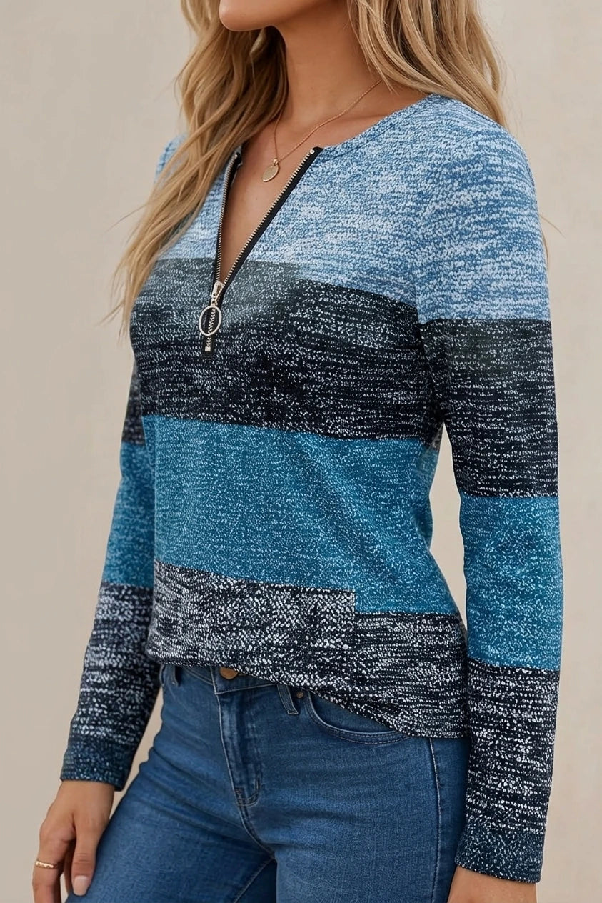 Striped Long Sleeve Top with Quarter Zip Neckline — variant_front