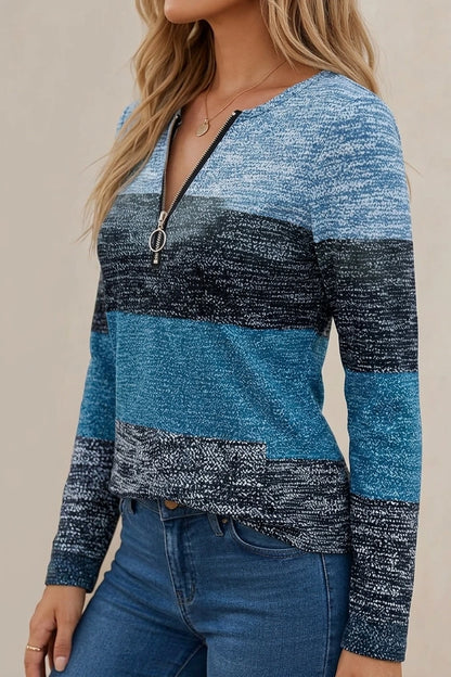 Striped Long Sleeve Top with Quarter Zip Neckline — variant_front