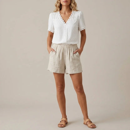 Bohemian Lace Trim Blouse with Swiss Dot Texture and V-Neckline — variant_front