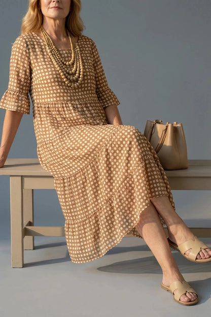 Polka Dot Tiered Midi Dress With Short Ruffle Sleeves And Square Neck