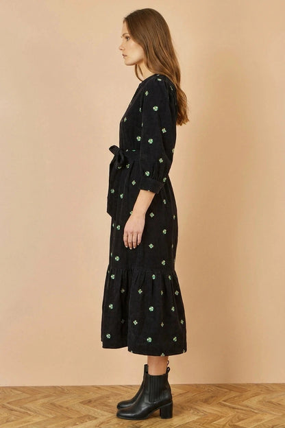 Flower Embroidery Cord Midi Dress with Tie Waist and Puff Sleeves