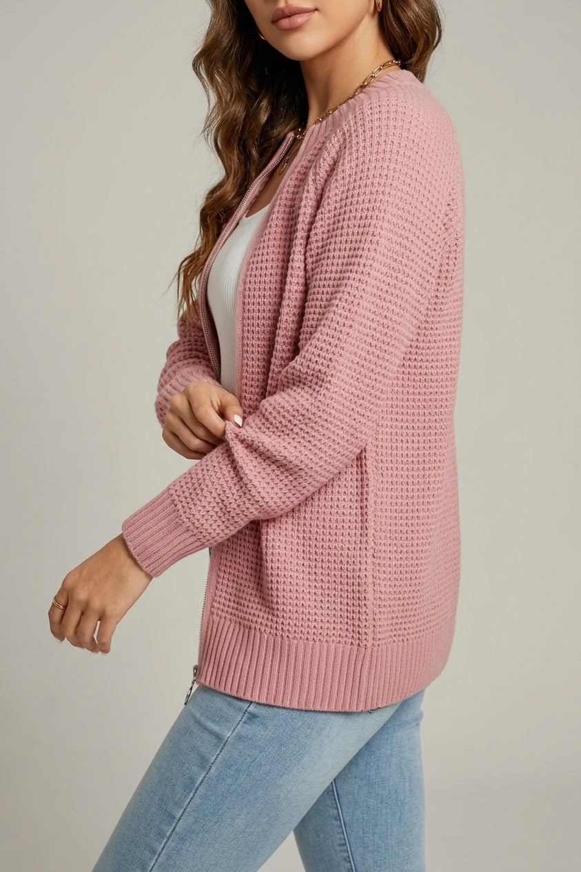 Women's Zip-Up Cardigan with Long Sleeves and Round Neck — variant_front