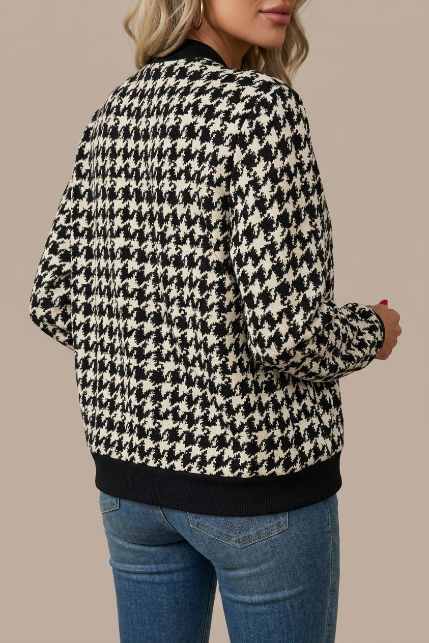 Chic Houndstooth Bomber Jacket with Black Ribbed Trim — variant_front