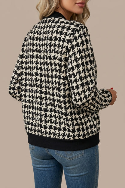 Chic Houndstooth Bomber Jacket with Black Ribbed Trim — variant_front