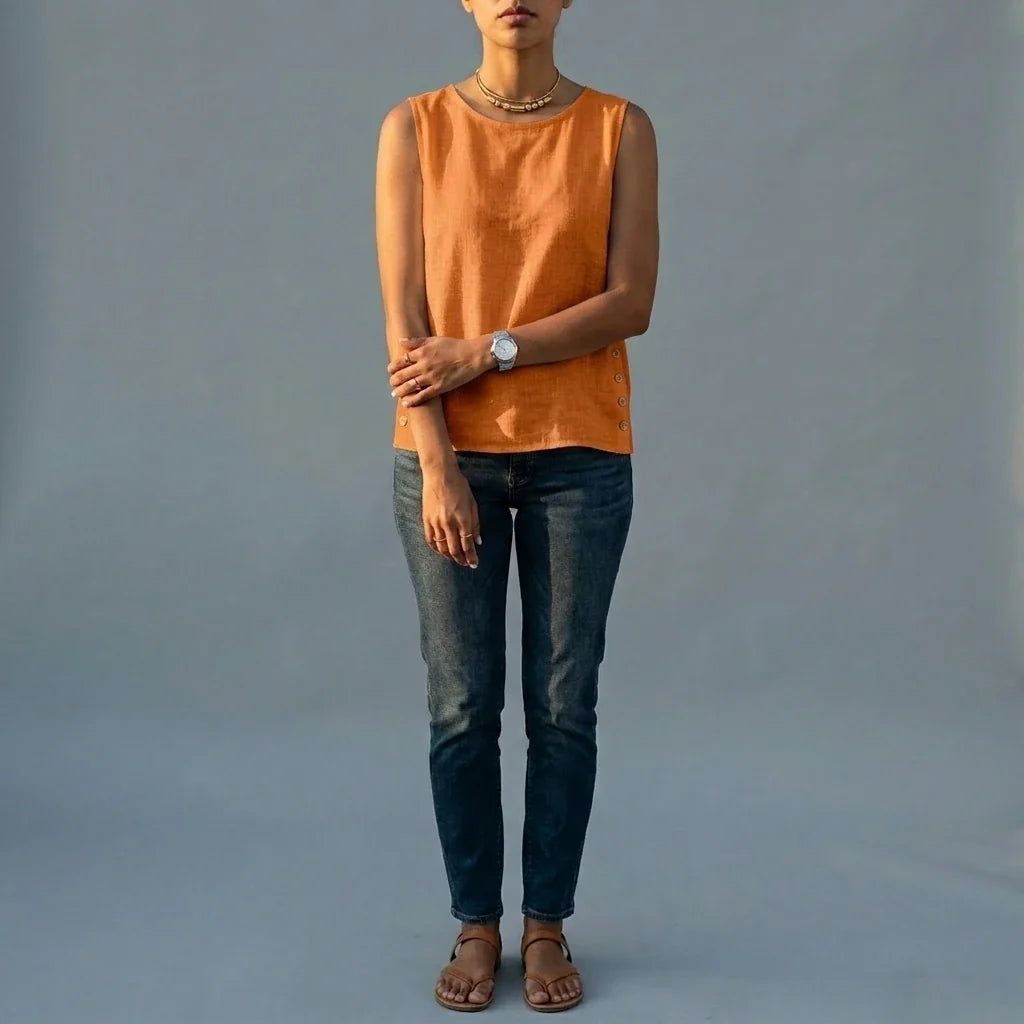 Casual Linen Tank Top with Button Side Detail — variant_front