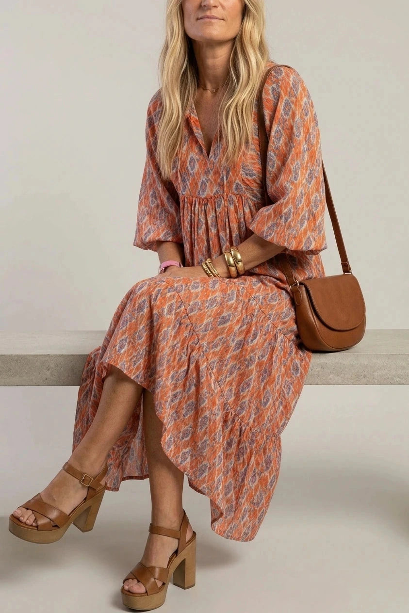 Geometric Print V Neck Tiered Maxi Dresses