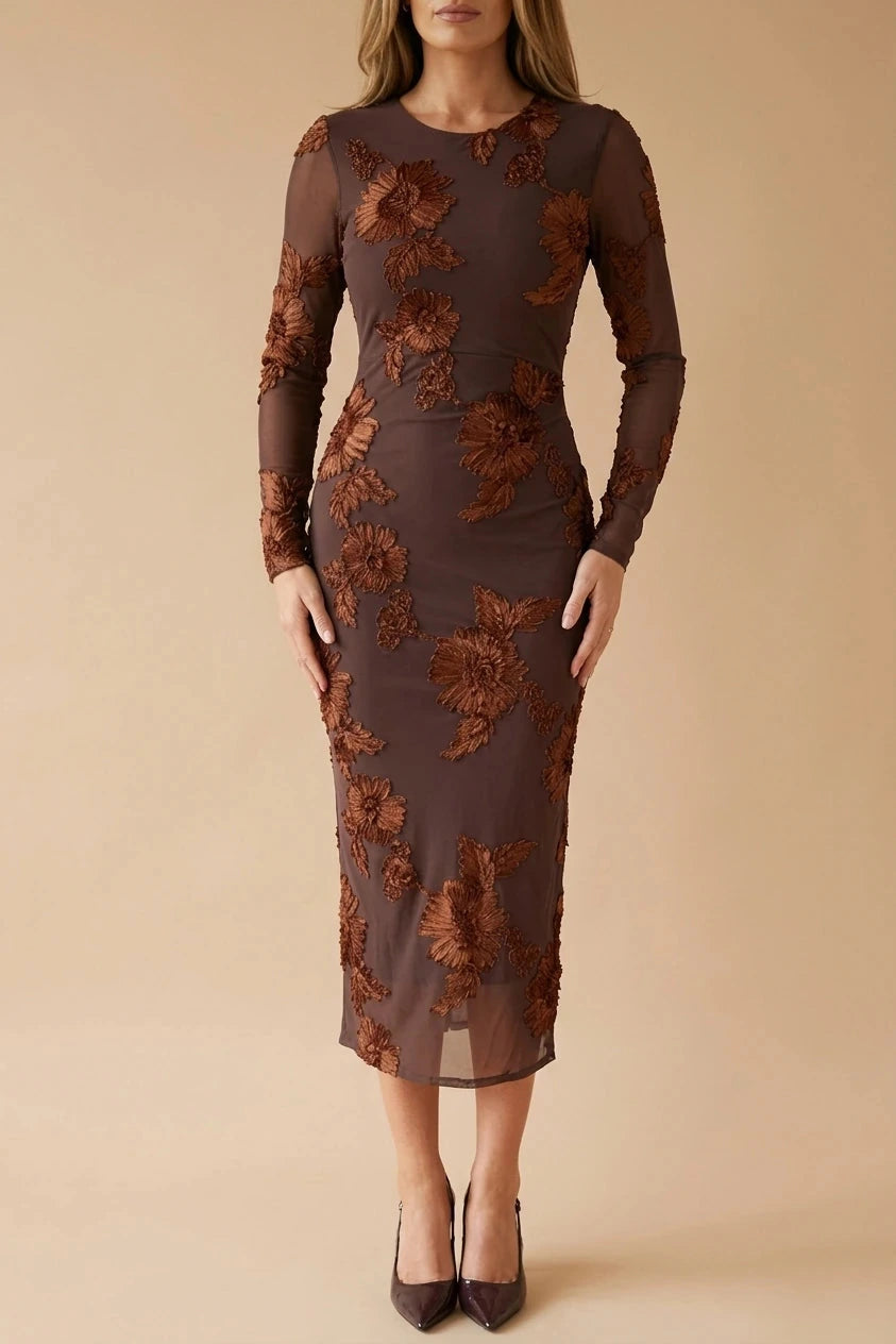 Floral Embroidered Mesh Bodycon Midi Dress