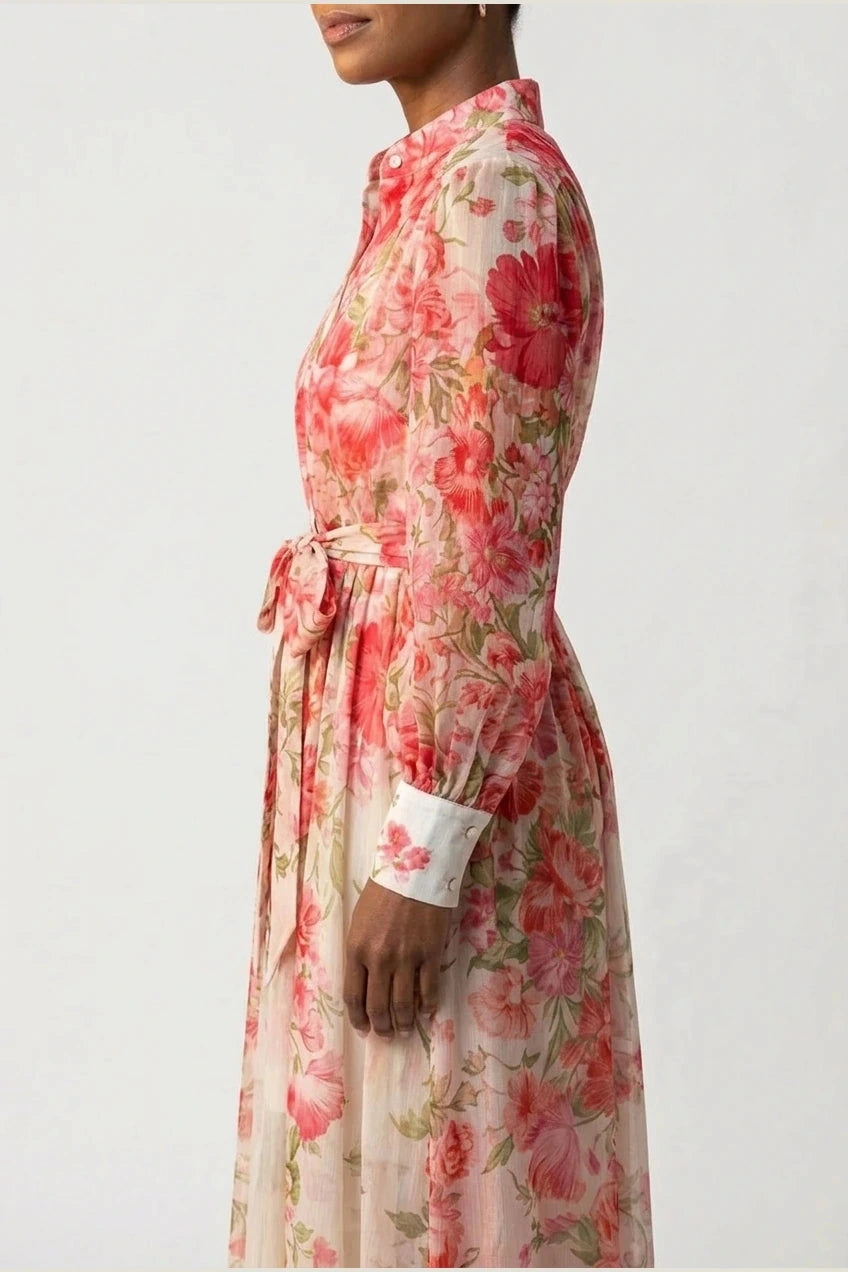 Floral Sheer Long Sleeve Maxi Dress With Tie Waist Button Front