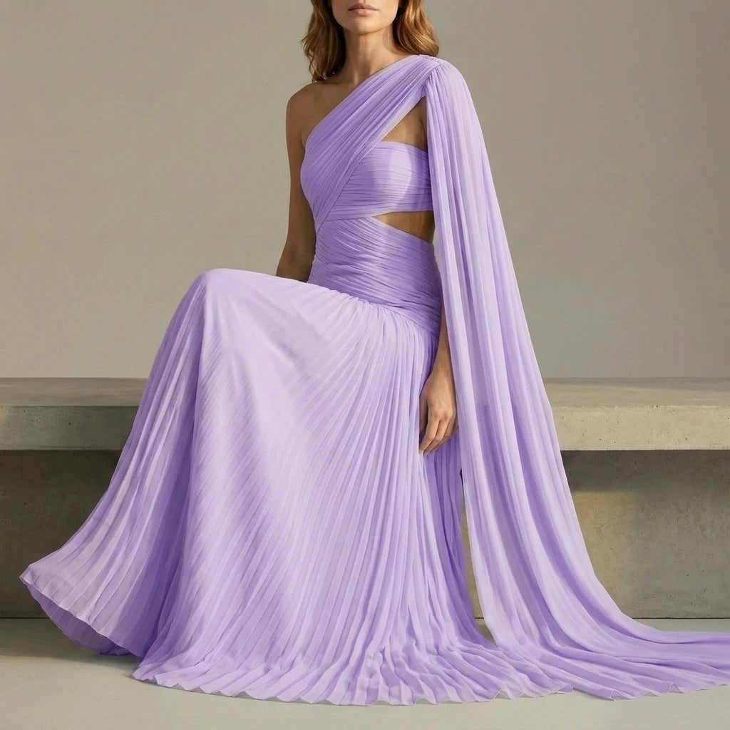 Ethereal Chiffon Drape Maxi Dress One-Shoulder Ruched Waist High Slit