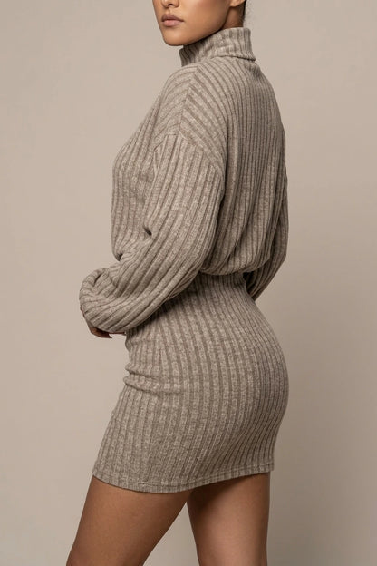 Ribbed Knit Turtleneck Mini Dress with Gathered Waist — variant_front