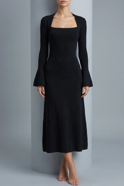 The Black Square Neck Flare Sleeve Midi Dress — variant_front