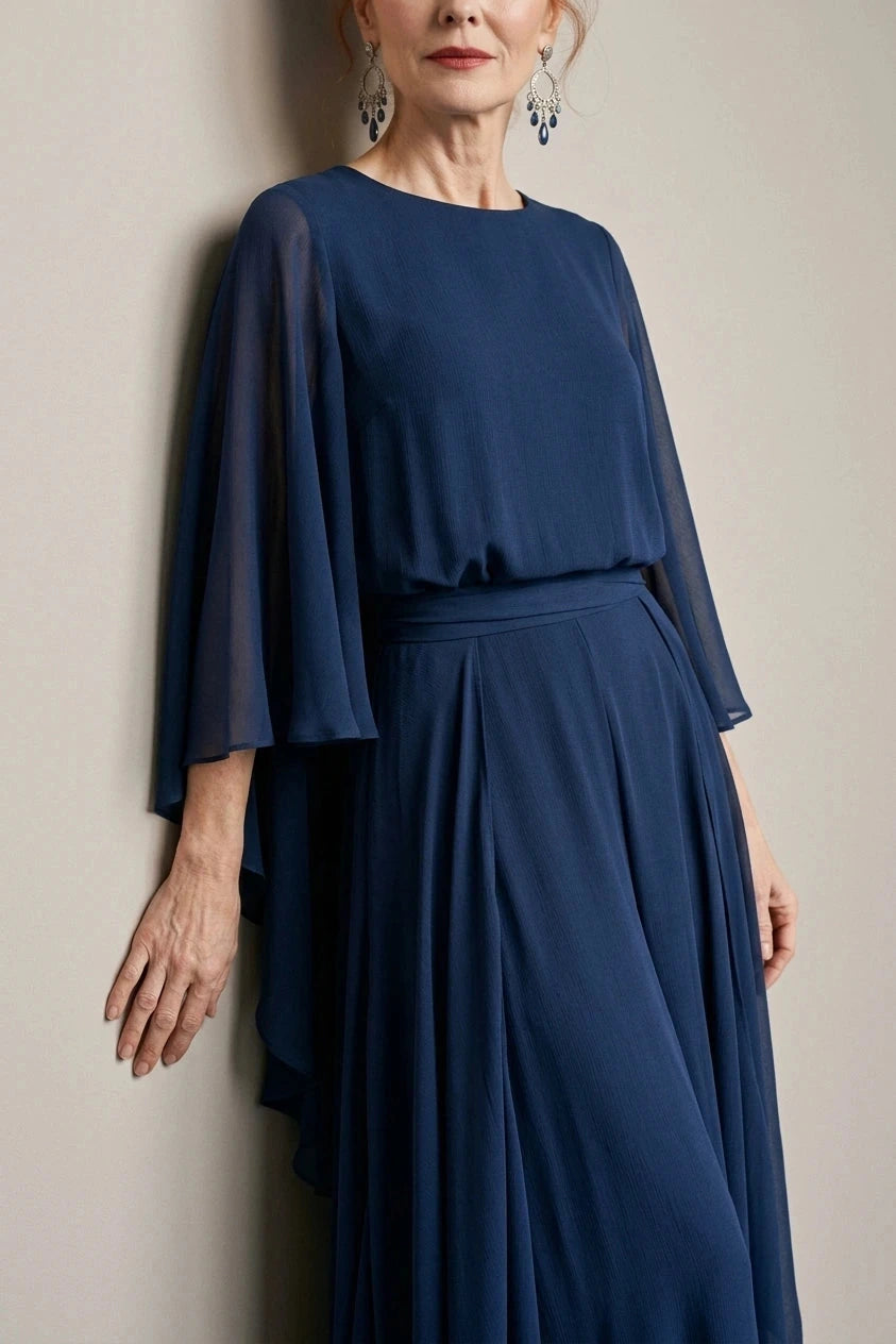 Layered Sleeve Drape Waist Midi Dress With Ruffle Side Panels
