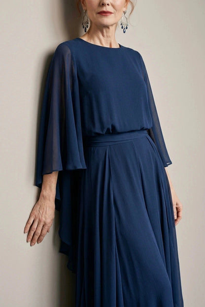 Layered Sleeve Drape Waist Midi Dress With Ruffle Side Panels