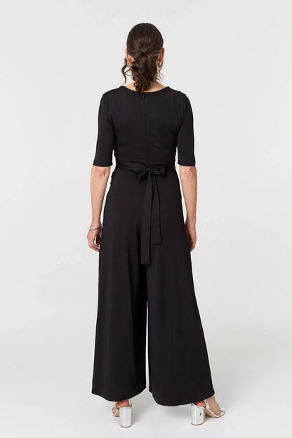 1/2 Sleeve Wrap Waist Wide Leg Jumpsuit