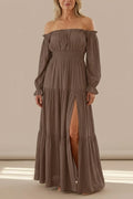 Off Shoulder Smocked Waist Tiered Maxi Dress With Side Split