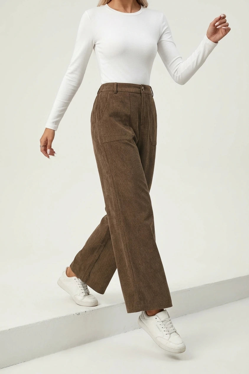 Retro High Waist Wide Leg Corduroy Trousers with Front Pockets — variant_front