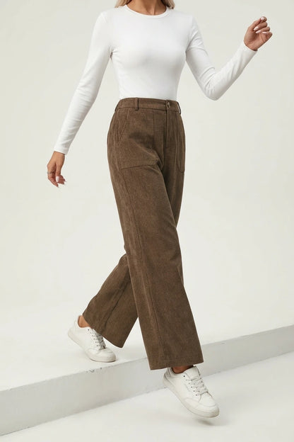 Retro High Waist Wide Leg Corduroy Trousers with Front Pockets — variant_front