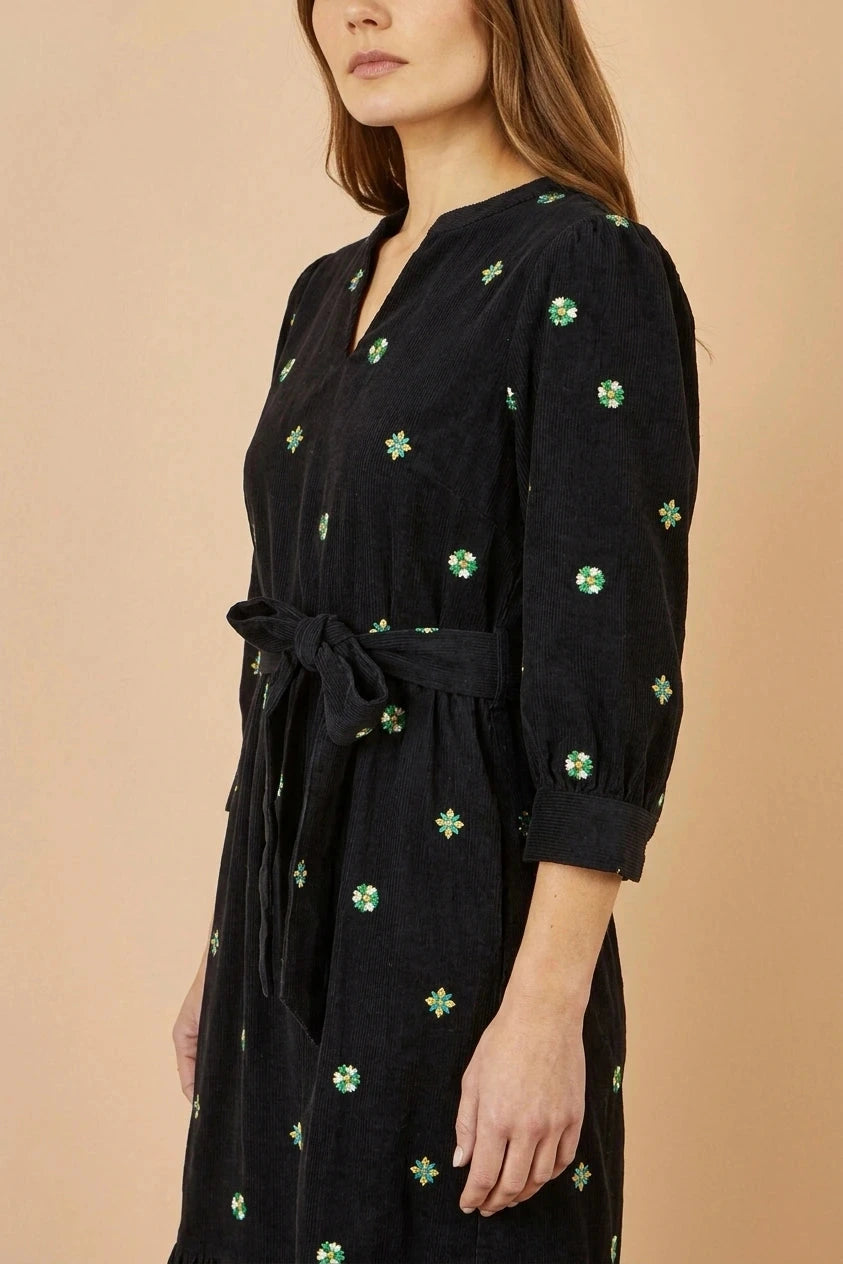 Flower Embroidery Cord Midi Dress with Tie Waist and Puff Sleeves