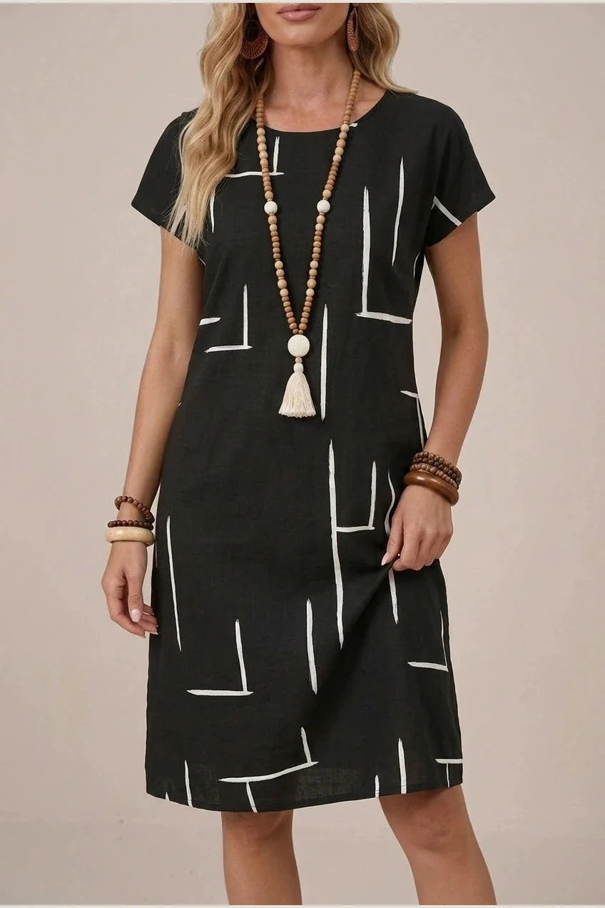Notch Neck Shift Short Sleeve Knee Length Dresses With Abstract Print