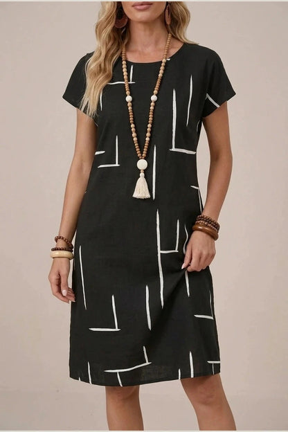 Notch Neck Shift Short Sleeve Knee Length Dresses With Abstract Print