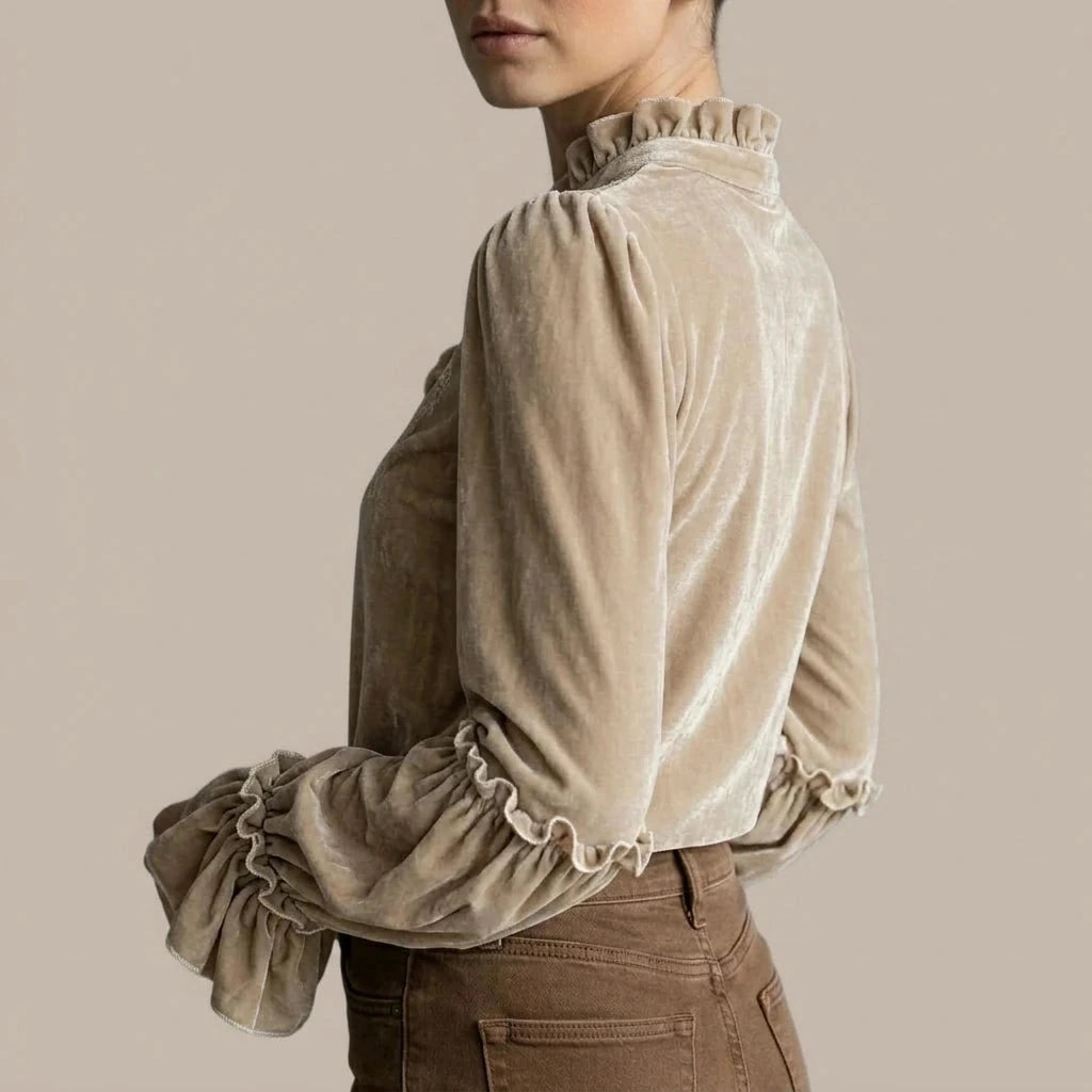 Embroidered Velvet Blouse Lace-Trimmed Romantic Floral Statement Top