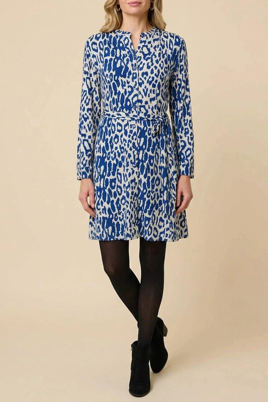 Belted Animal Print Long Sleeve Short Shirt Dress