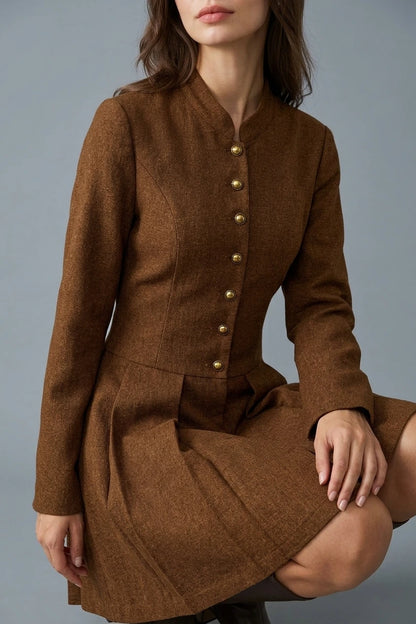Brown Ruched Button A-Line Mini Dress — variant_front