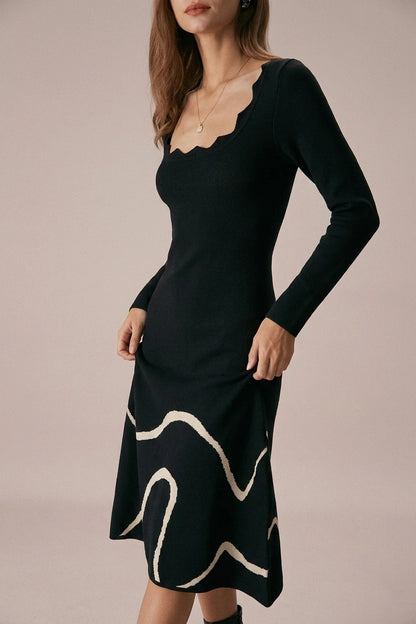 The Black Wave Scalloped Sweater Midi Dress — variant_front
