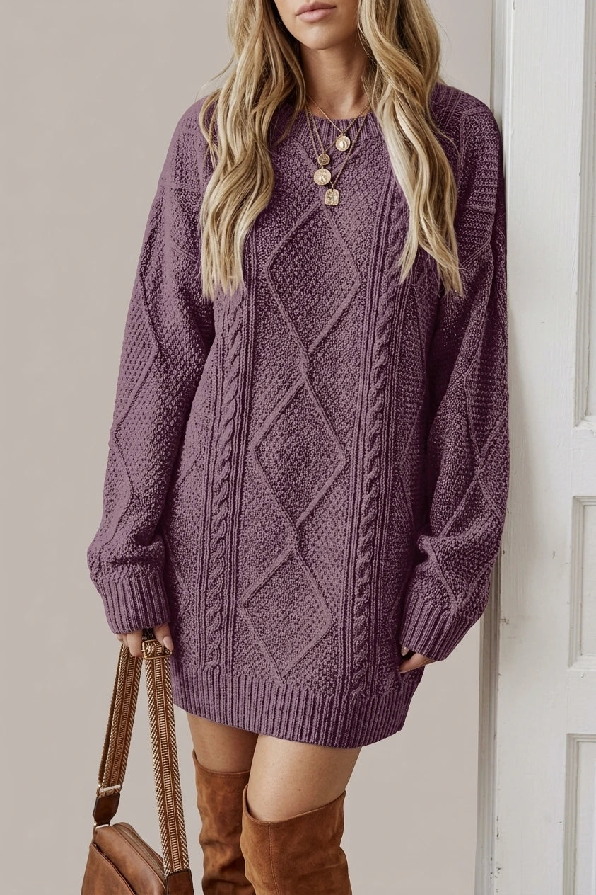 Purple Cable Knit Sweater Dress with Round Neck — variant_front